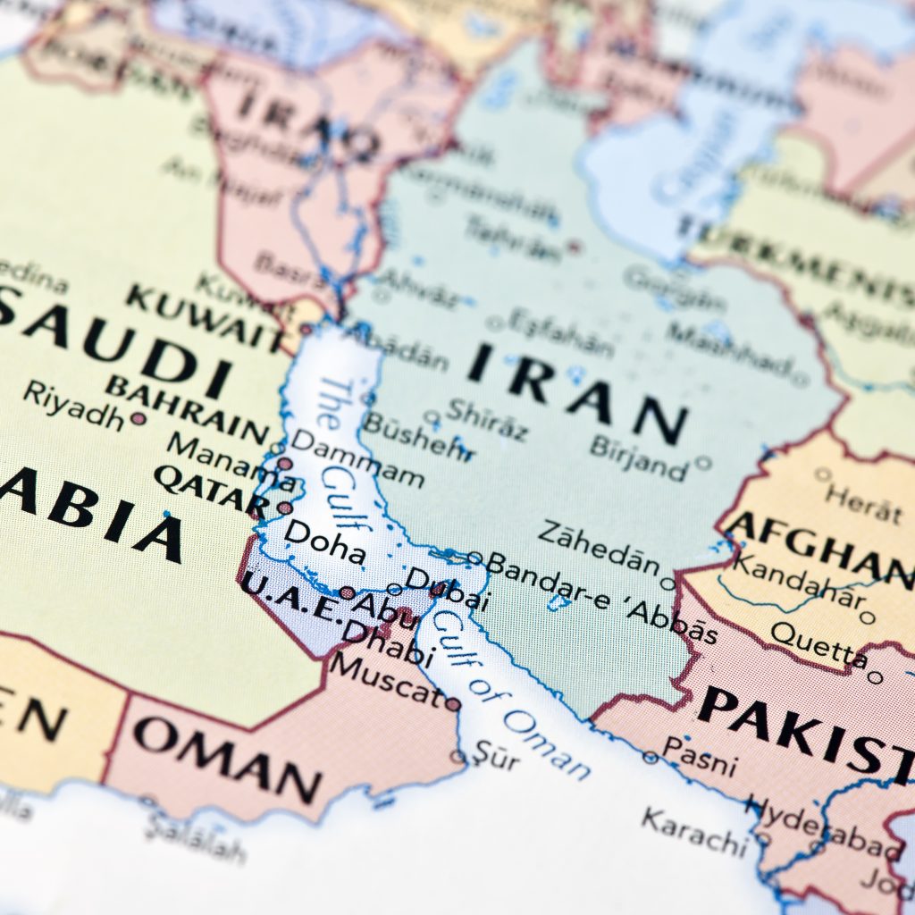 Map view of the Strait of Hormuz and Persian gulf countries.