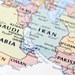 Map view of the Strait of Hormuz and Persian gulf countries.