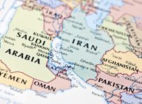 Map view of the Strait of Hormuz and Persian gulf countries.