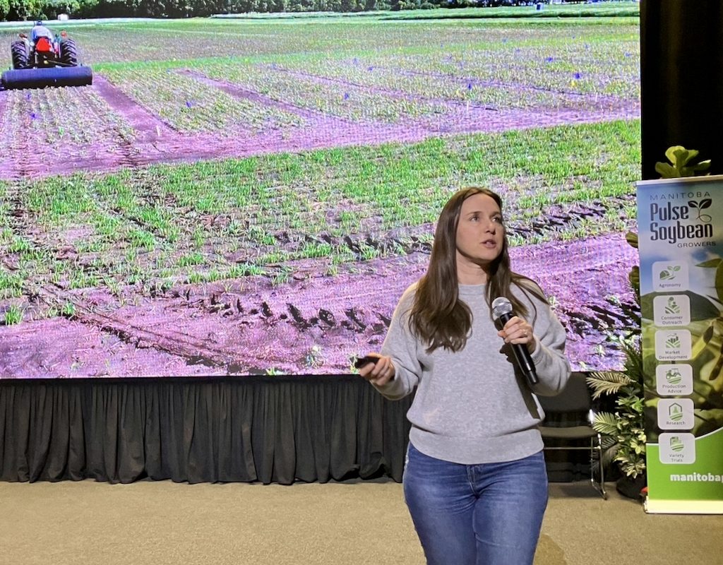 University of Manitoba researcher Kristen MacMillan presenting at Manitoba Ag Days in January 2026.