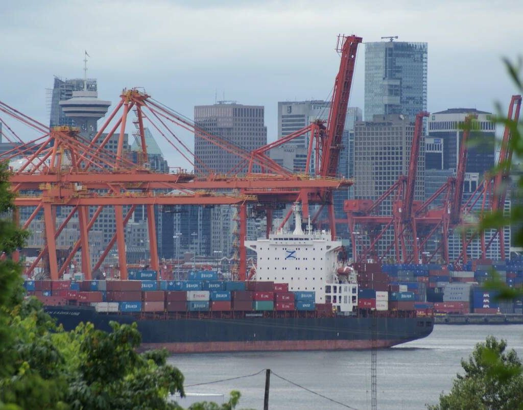 A view through trees at cranes and a cargo ship in the Port of Vancouver. Photo: File