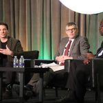 (Left to right) Jeff Mahon, Greg MacDonald and Edwini Kessie speak on a panel at the Canadian Crops Convention in Toronto on March 12. Photo: Jonah Grignon