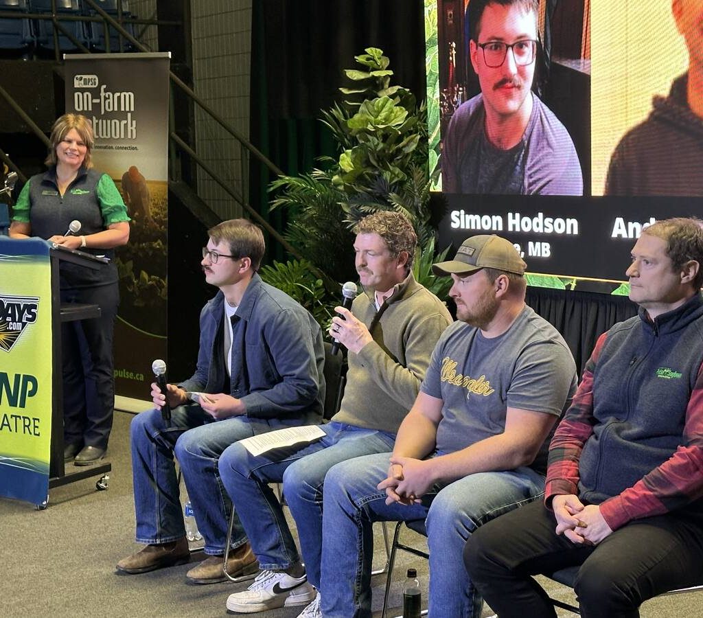 four farmers at a speakers panel at Manitoba Ag Days in January 2026