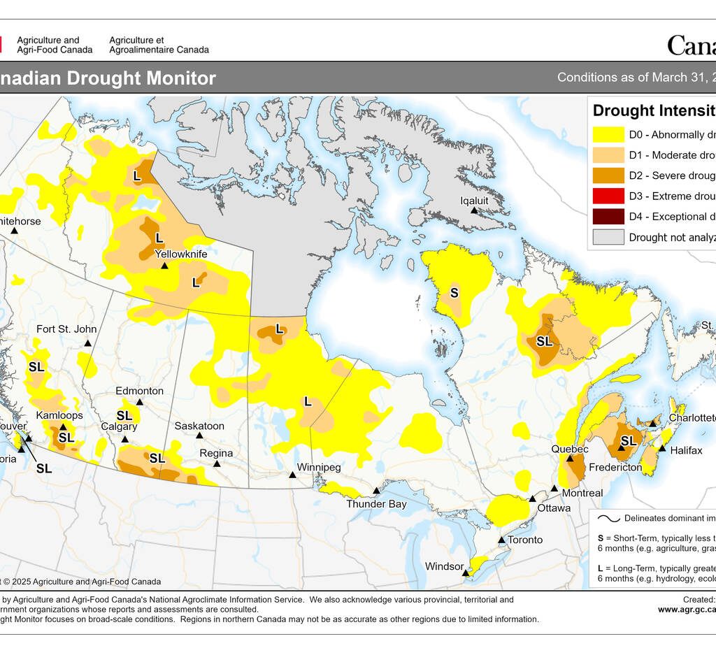 A map of Canada showing splotches of yellow and orange that indicate which areas are abnormally dry or in drought conditions.