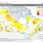 A map of Canada showing splotches of yellow and orange that indicate which areas are abnormally dry or in drought conditions.