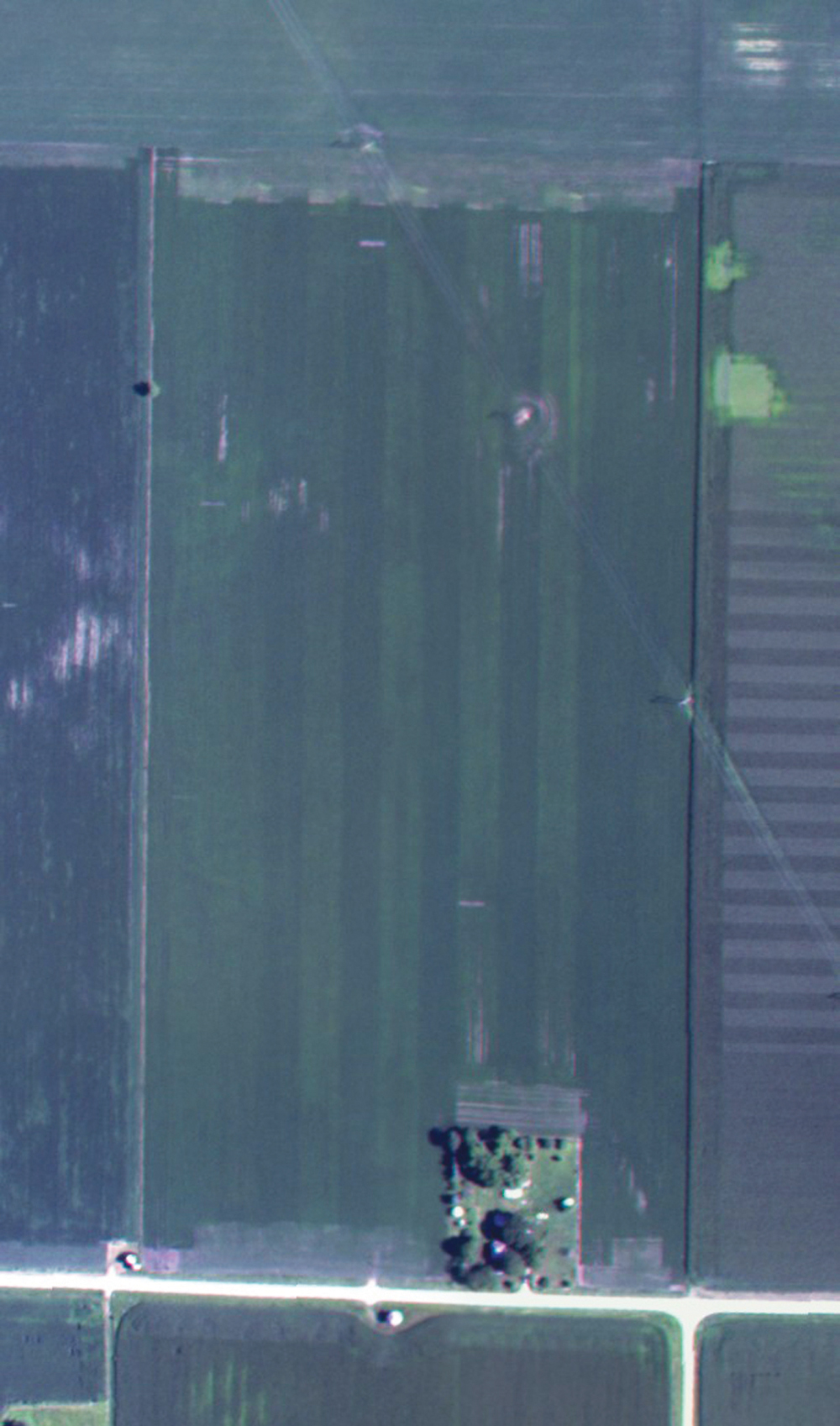 This is a natural RGB (red, green, blue) image taken of the same field, with the same camera. It confirms to researchers that a different variety was planted on the headlands. They can also observe different shades of green — able to see the soil in some areas — which indicates a difference in vegetation, lower production areas. And there are a three lighter patches along the path of the right of way, (upper right side of image) suggesting it is a powerline. The patches are power poles, which the farmer had to work around. (click image for larger view)