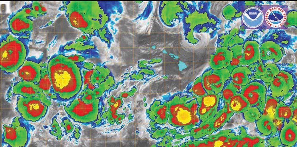 A composite image of tropical cyclone activity across the Pacific in 2015.