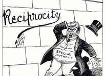 This cartoon, which appeared in The Grain Growers’ Guide in 1911, suggested free trade with the U.S. and Britain was inevitable.
