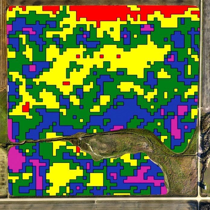 A sample of an NDVI (normalized difference vegetation index) image that can be produced from a drone flyover.