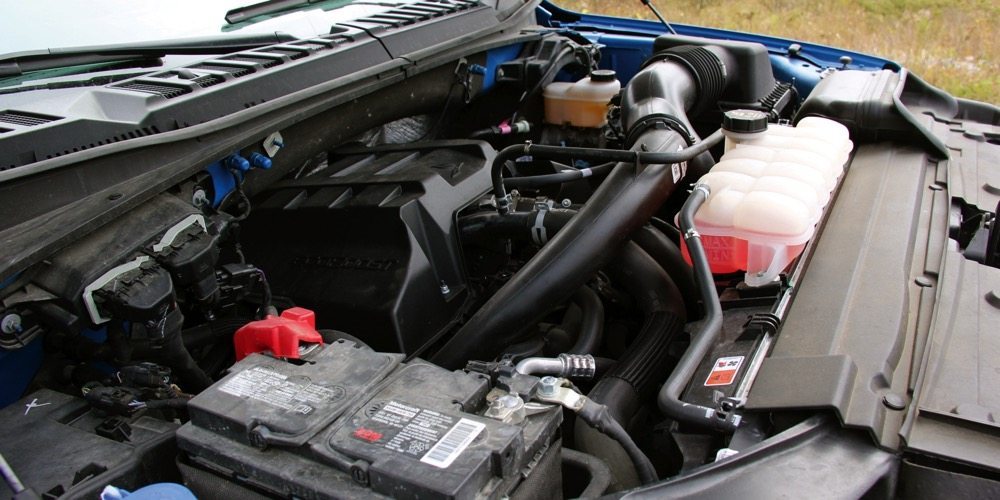 There was a lot of vacant real estate under the hood of the Ford F-150 powered by the small 2.7-litre EcoBoost engine. But the truck’s performance was still impressive.