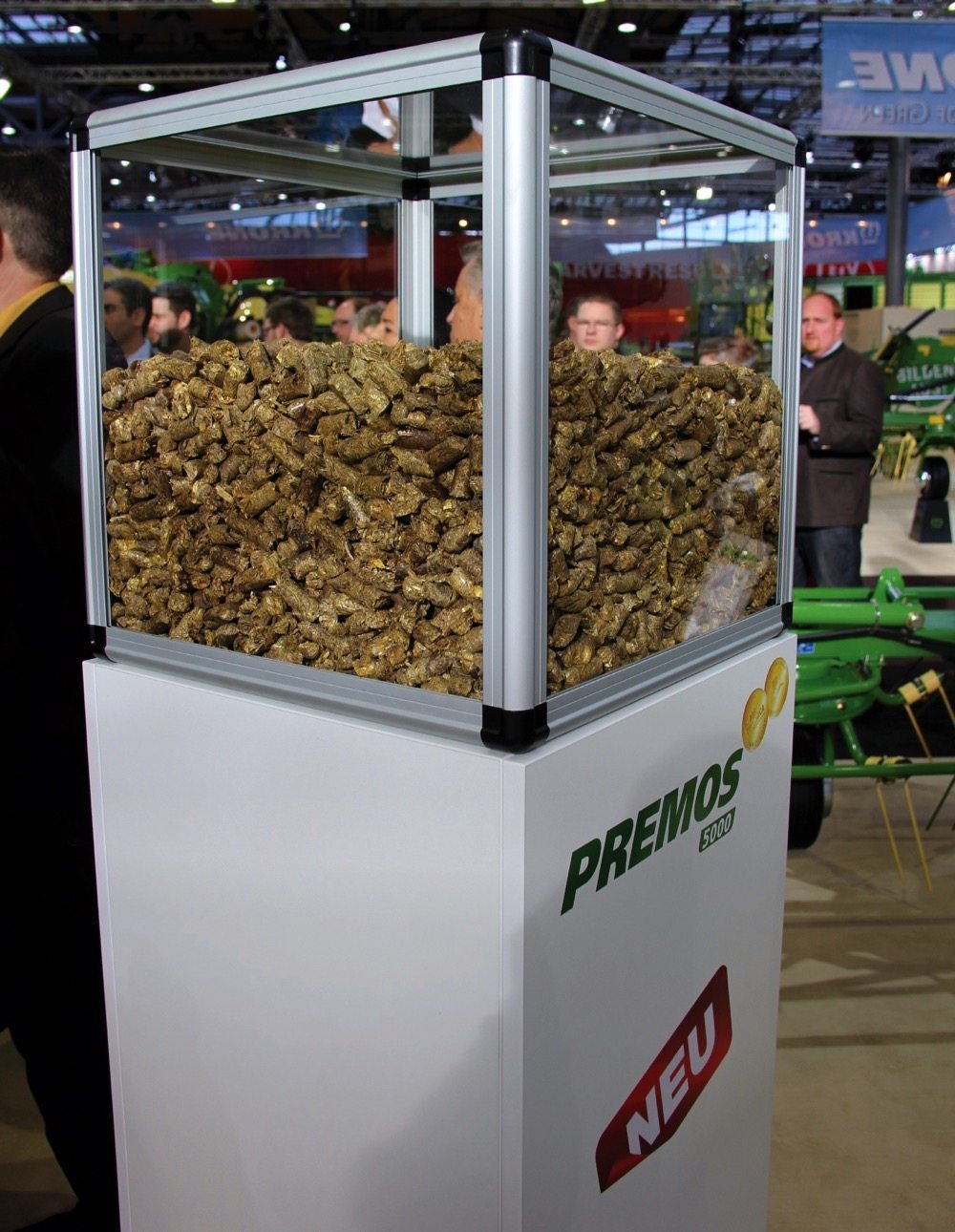 Krone displayed a glass case full of pellets made by the Premos 5000 at their Agritechnica exhibit.