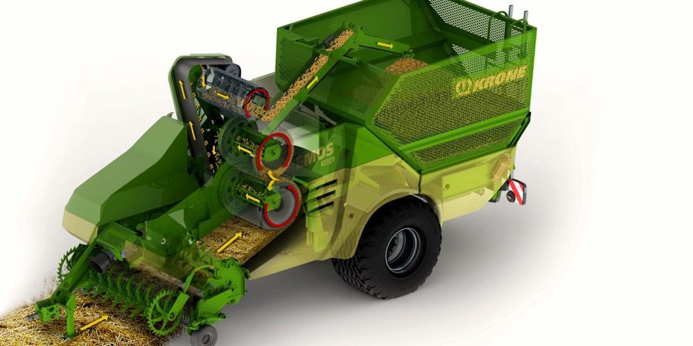 Material in a swath feeds into the Premos 5000 and is compressed through forming moulds by a pair of 800-millimetre rollers.